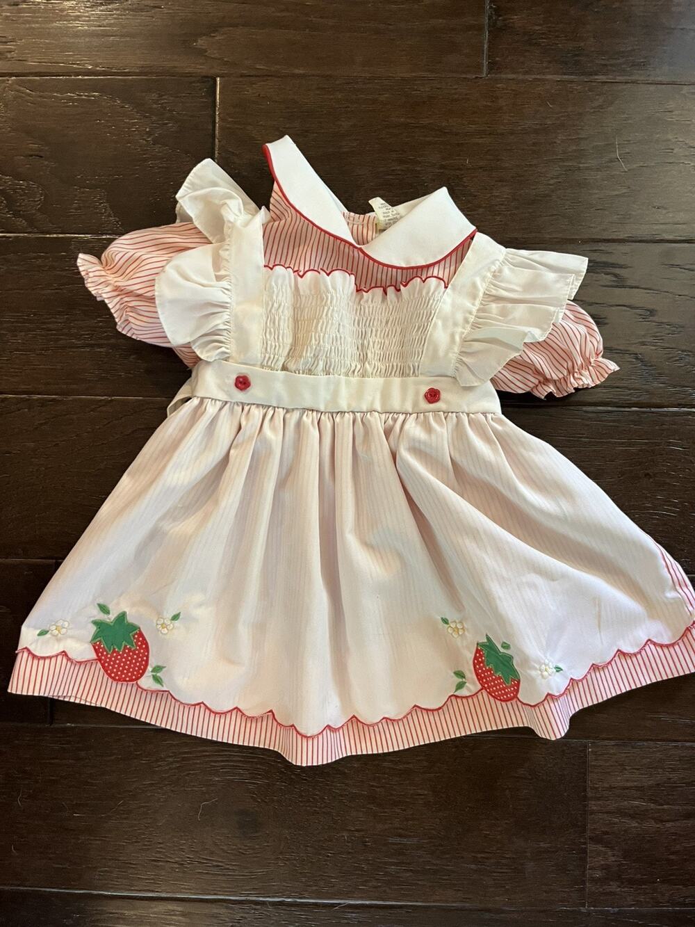 Vintage Baby Girl Dress 3-6 MO Strawberry Ruffles Faux Pinafore Red Stripes
